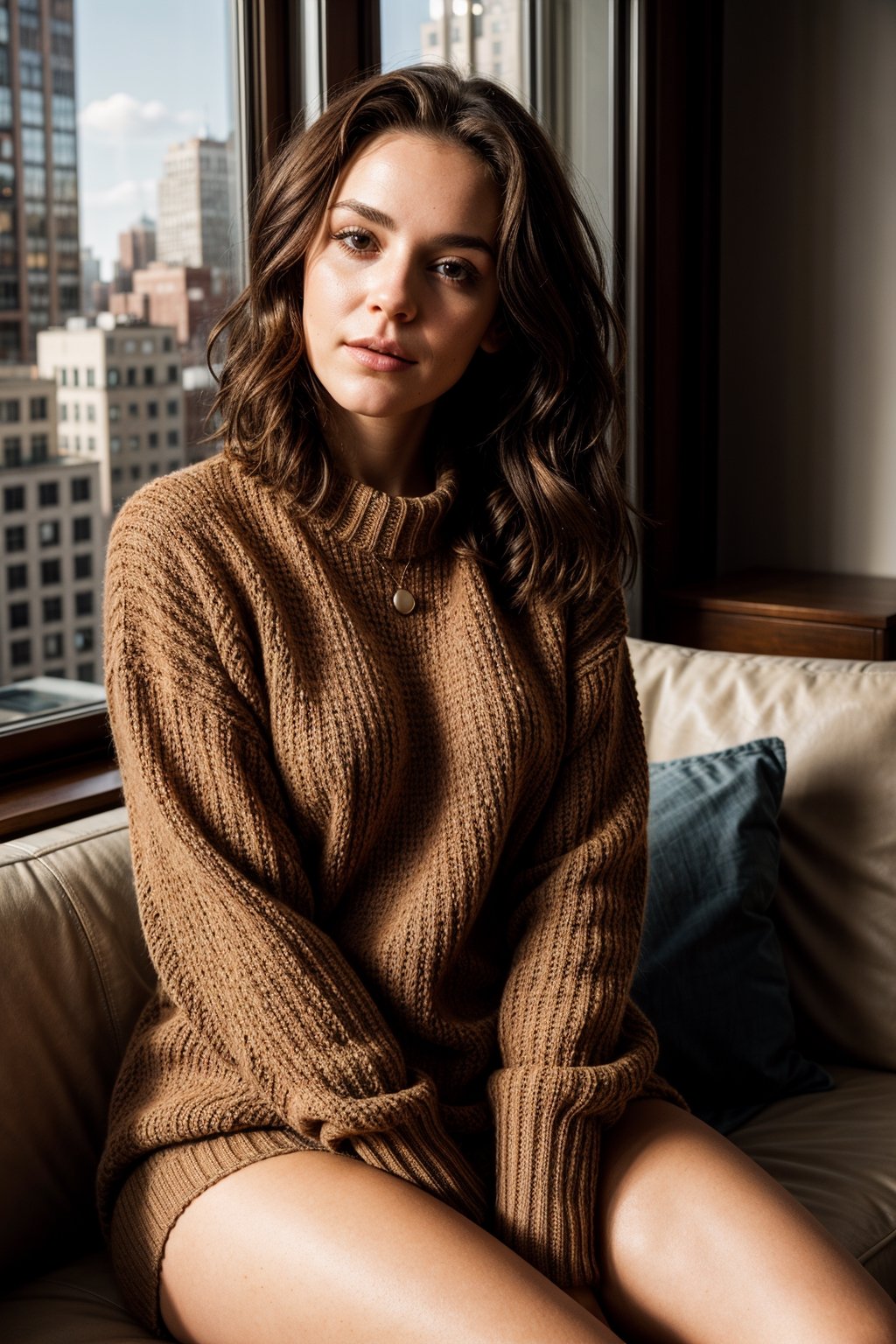 beautiful 26 year old woman. sexy, strong stance, solo, fit
young, thicc
dark brown hair, slight smile
adventurous, 
wearing knitted sweater
looking at camera
cuban italian
sitting in a NYC penthouse
serious, confident
portrait, 50mm, film grain, bokeh, closeup
morning warm sunlight

