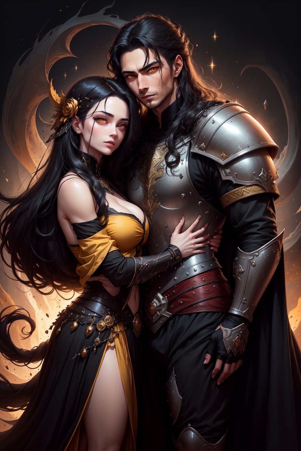 1man warrior, 1woman sorceress, long black hair colour, yellow eye, sparkling pupils, armour, robes, handsome, lovers embrace, simple background, (ultra clear image), autonomy figure, (high definition), proper body formation. correct body posture,
