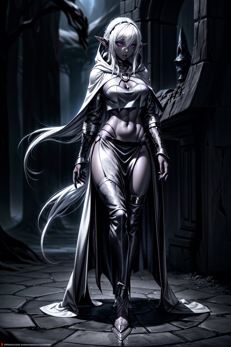  (Full body), rpg character,female drow elf with black skin and white hair, lilac eyes, (dark clothing with hood), (Women's chainmail Crop Top),(slit skirt) ,medium breasts,pale skin,beautiful girl,fantasy,(looking away from  viewer), midriff, (volumemetric lighting)( background, dark and stormy with Night sky)

