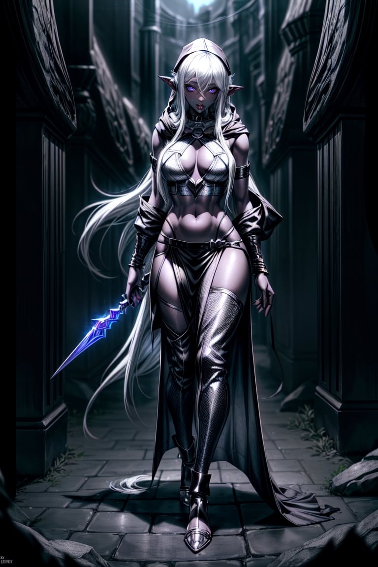  (Full body), rpg character, female drow elf with black skin and white hair, lilac eyes, (dark clothing with hood), (Women's chainmail Crop Top),(slit skirt) ,medium breasts,pale skin,beautiful girl,fantasy,(looking away from  viewer), midriff, (volumemetric lighting)( background, dark and stormy Night sky)
