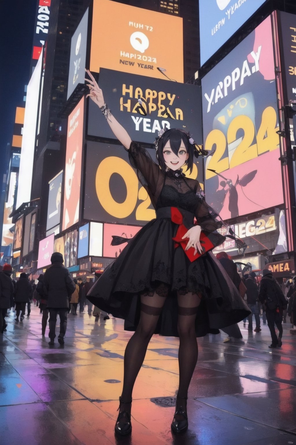 sole_female,Korean goth,
NYC Times Square,midnight,
New Year's Ball Drop,
ultrarealistic,5_fingered,BREAK
(holding a legible and perfectly typed ("HAPPY NEW YEAR 2024") large sign)