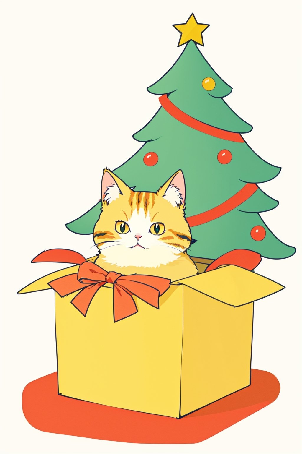 (cute cat in present box:1.2), christmas, xmas, gift, decolation, ribbon,  furry cat, xmas tree in background, (flat color:1.3), anime, kawaii, picture book illustration,