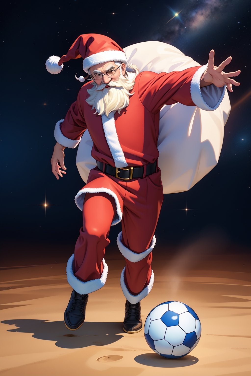 masterpiece, santa claus, playing soccer in the space, best lighting,