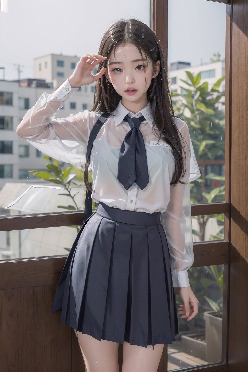 1girl, (wet school uniform), pouting,jwy1,((see-through)),(hands behind back),wet,30 yo, wet body,knee shot