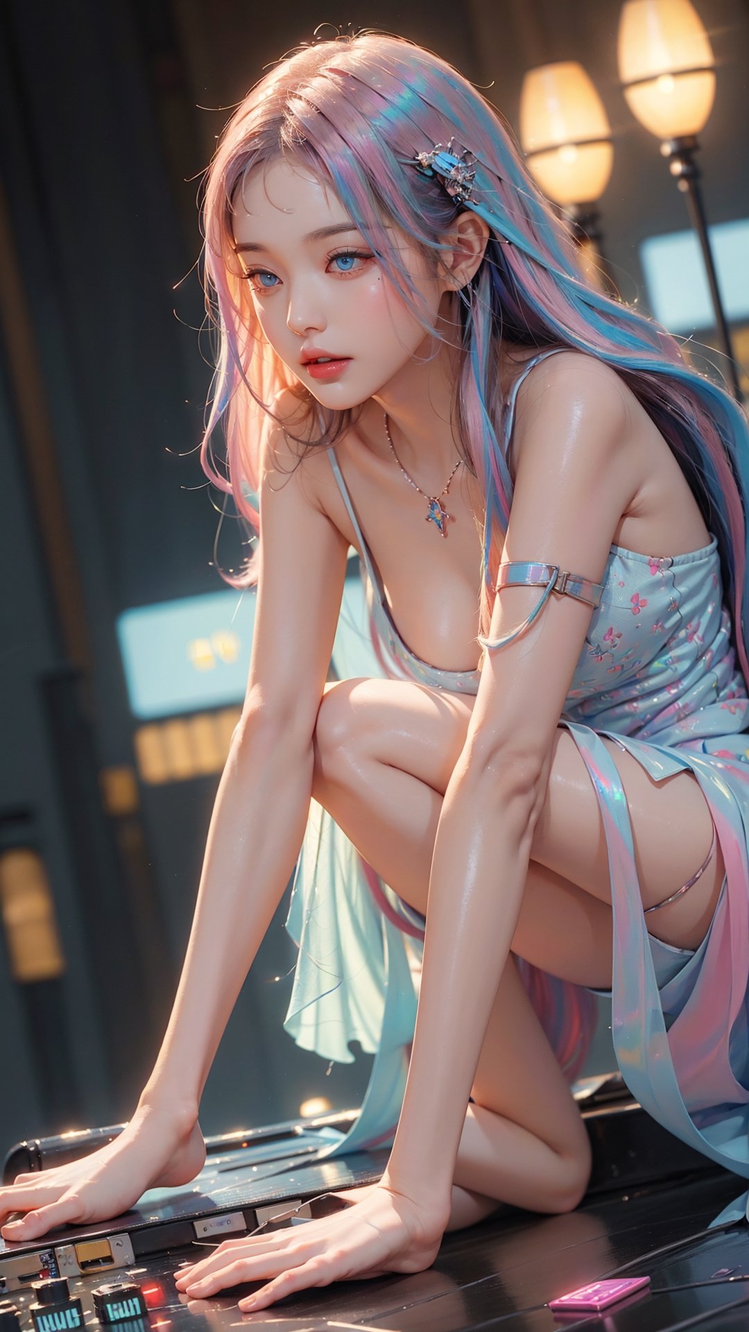 (((((((llustration ))))))),((((((masterpiece)))))),cinematiclighting,bloom,ray tracing,1girl,Rainbow hair,(((colorful))),float hair,  1girl,(white gradation hair),light pinklong hair,detailed cyberpunk city background,night,neon light,female focus on,mechanical arm,large breast, ((Masterpiece,best quality, beautifully painted,highly detailed)),blue eyes,intense angle,dramatic angle,dramatic  pose,  (hologram), ((circuitry)), ((translucent)), chromatic aberration,1 girl,jwy1,full-body_portrait