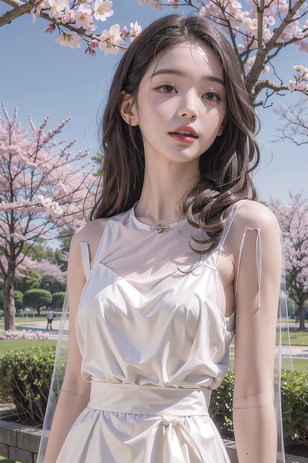 (masterpiece), nature, blue sky, sunlight, light particles, cherry blossoms, 1girl, white dress, medium hair, black hair,jwy1,((see-through))