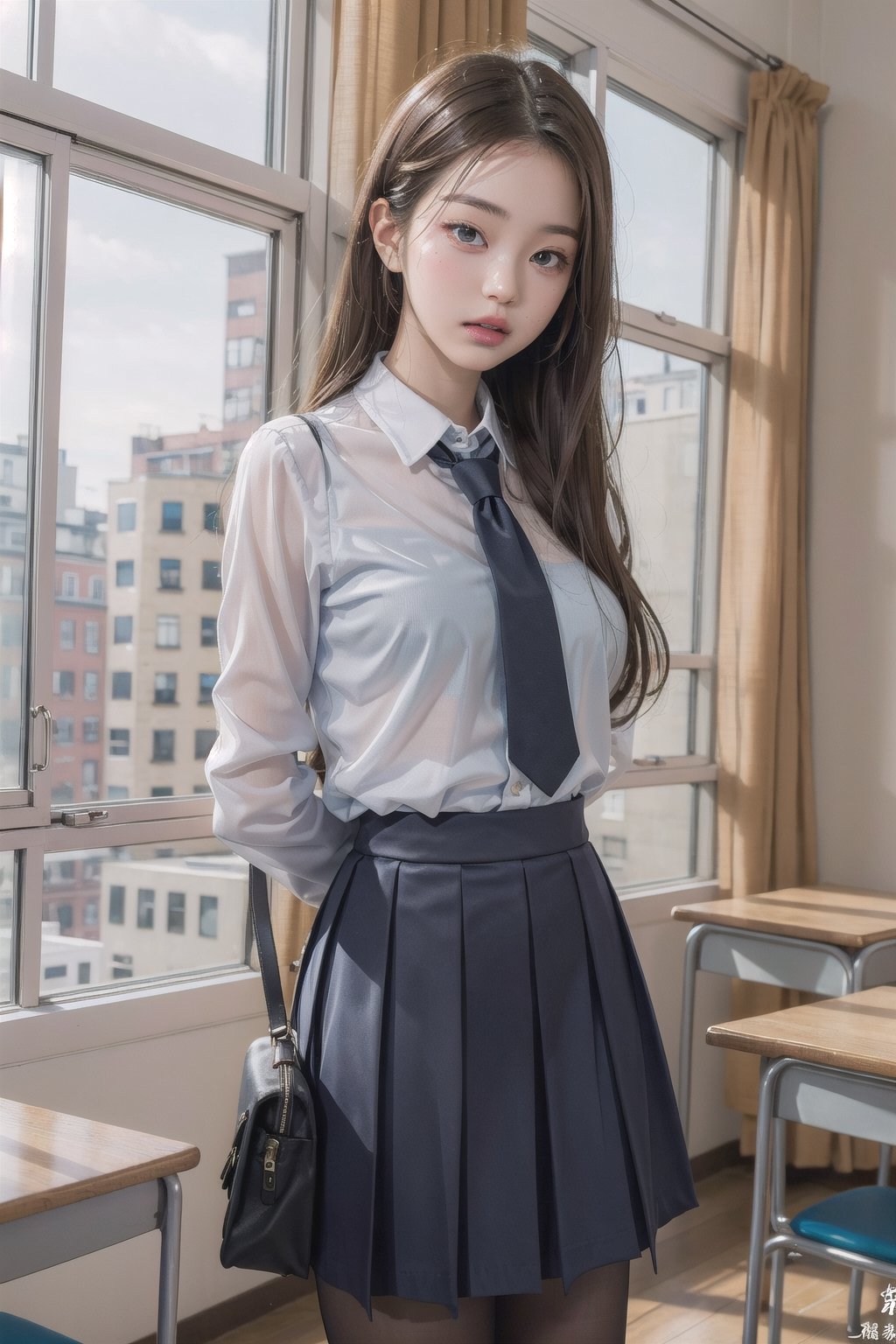 1girl, school uniform, pouting,jwy1,((see-through)),(hands behind back)
