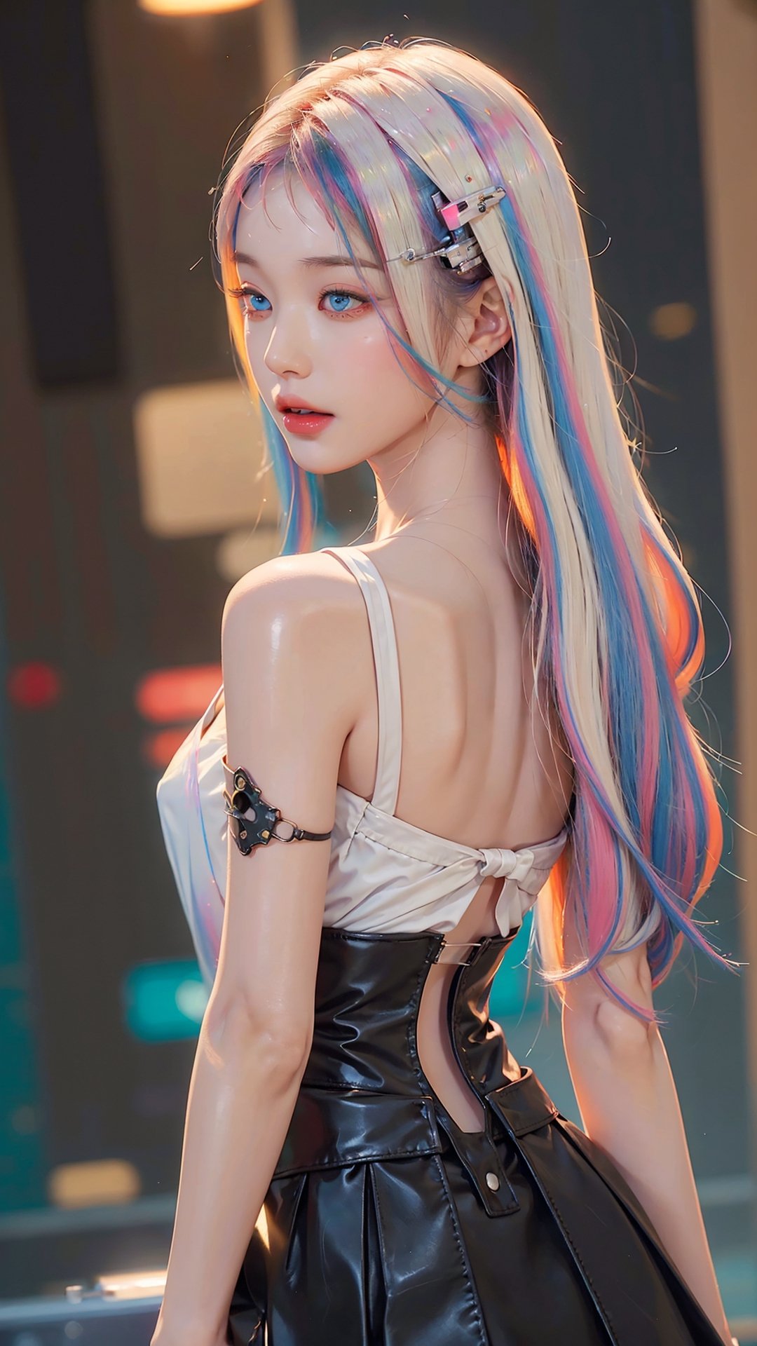 (((((((llustration ))))))),((((((masterpiece)))))),cinematiclighting,bloom,ray tracing,1girl,((Rainbow hair)),(((colorful))),float hair,  1girl,((white gradation hair)),light pinklong hair,detailed cyberpunk city background,night,neon light,female focus on,mechanical arm,large breast, ((Masterpiece,best quality, beautifully painted,highly detailed)),(blue eyes),intense angle,dramatic angle,dramatic  pose,  (hologram), ((circuitry)), ((translucent)), chromatic aberration,1 girl,jwy1,(side_view),(waist shot)