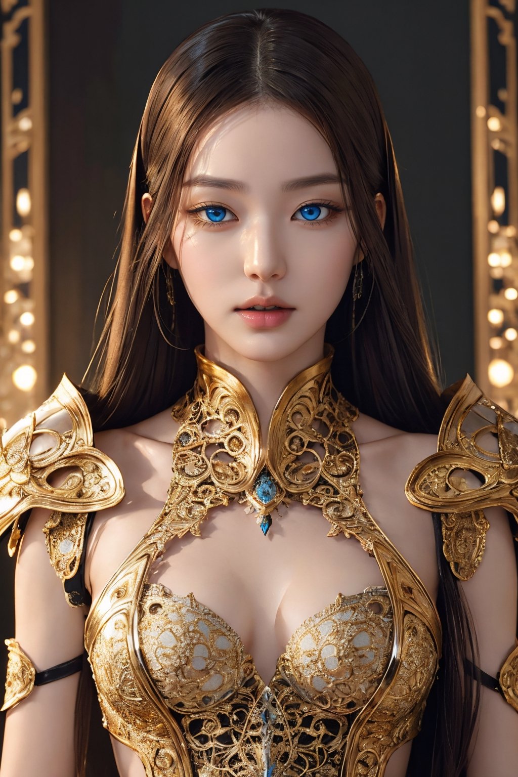 surreal photography of a stunningly beautiful cyborg female, blue eyes, embraced, delicate gold filigree, intricate detailed, glowing, in the style of beth cavener, jin kagetsu, and wlop, highly detailed, intricate filigree, chrome face symmetry, masterpiece, award - winning, sharp focus, concept art, high key, ambient lighting, 8 k, octane render,jwy1