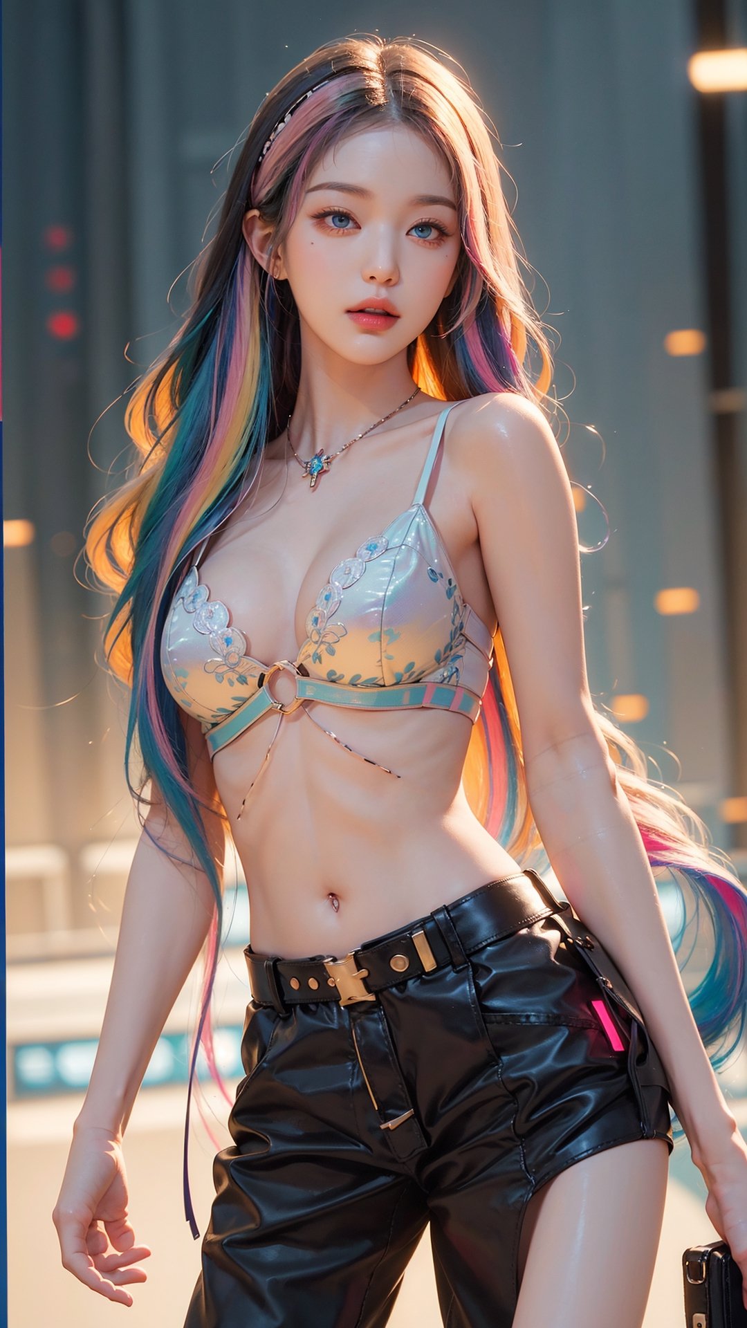 (((((((llustration ))))))),((((((masterpiece)))))),cinematiclighting,bloom,ray tracing,1girl,((Rainbow hair)),(((colorful))),float hair,  1girl,(white gradation hair),light pinklong hair,detailed cyberpunk city background,night,neon light,female focus on,mechanical arm,large breast, ((Masterpiece,best quality, beautifully painted,highly detailed)),blue eyes,intense angle,dramatic angle,dramatic  pose,  (hologram), ((circuitry)), ((translucent)), chromatic aberration,1 girl,jwy1,(waist_shot)