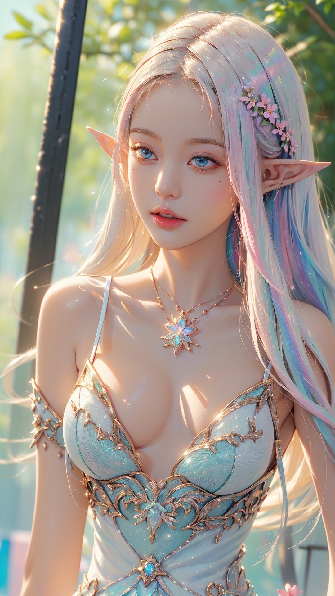 ((((((llustration )))))))),((((((masterpiece)))))), very bright backlighting, bloom, ray tracing, rainbow hair,(((colorful))) , floating hair, 1 girl, ((white gradient hair)), light pink long hair, (( fantastic night forest)), (sweating, realistic_nipples), subsurface scattering, iridescent eyes, textured skin, realistic dull skin noise, visible skin detail, skin fuzz, glossy skin, daytime, natural light, flowers, water , female focus, big breasts, ((Masterpiece,best quality, beautifully painted,highly detailed)),blue eyes,intense angle,dramatic angle,dramatic pose, (hologram), ((circuit)), ((translucent)),chromatic aberration,1 girl,jwy1,hourglass body type , ((elf )),yuzu,hourglass body shape