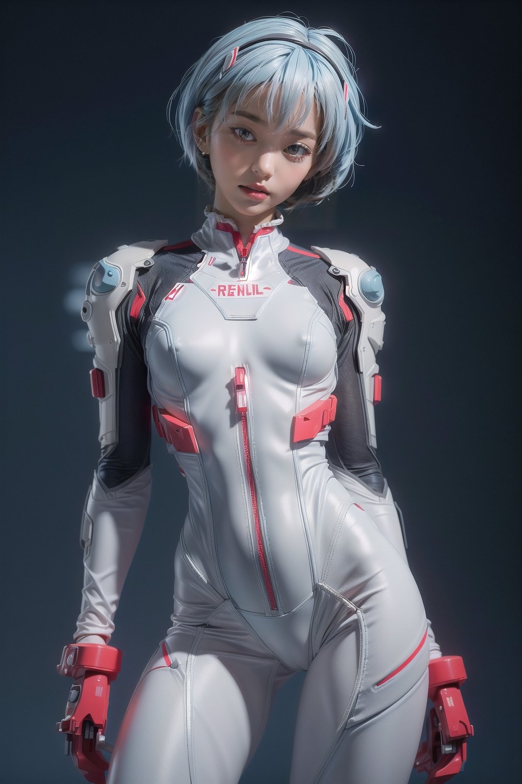 8k, masterpiece, best quality, realistic, sharp focus, cinematic lighting, extremely detailed, epic, dawn, girl, rei ayanami, light blue bob hair, white, tight suit, edgy, sexy,urban , (red leon lighting background), chest open, deep-V chest, techwear,outfit,3DMM