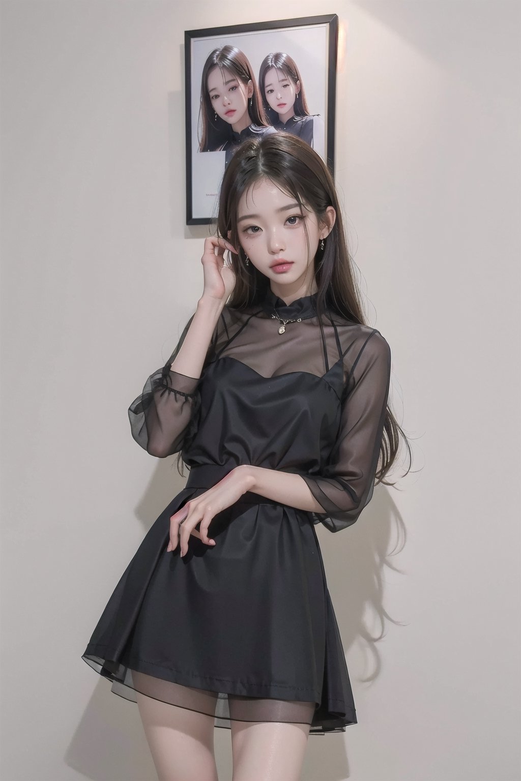 1girl,black dress, pouting,jwy1,((see-through)),sleepy eyes