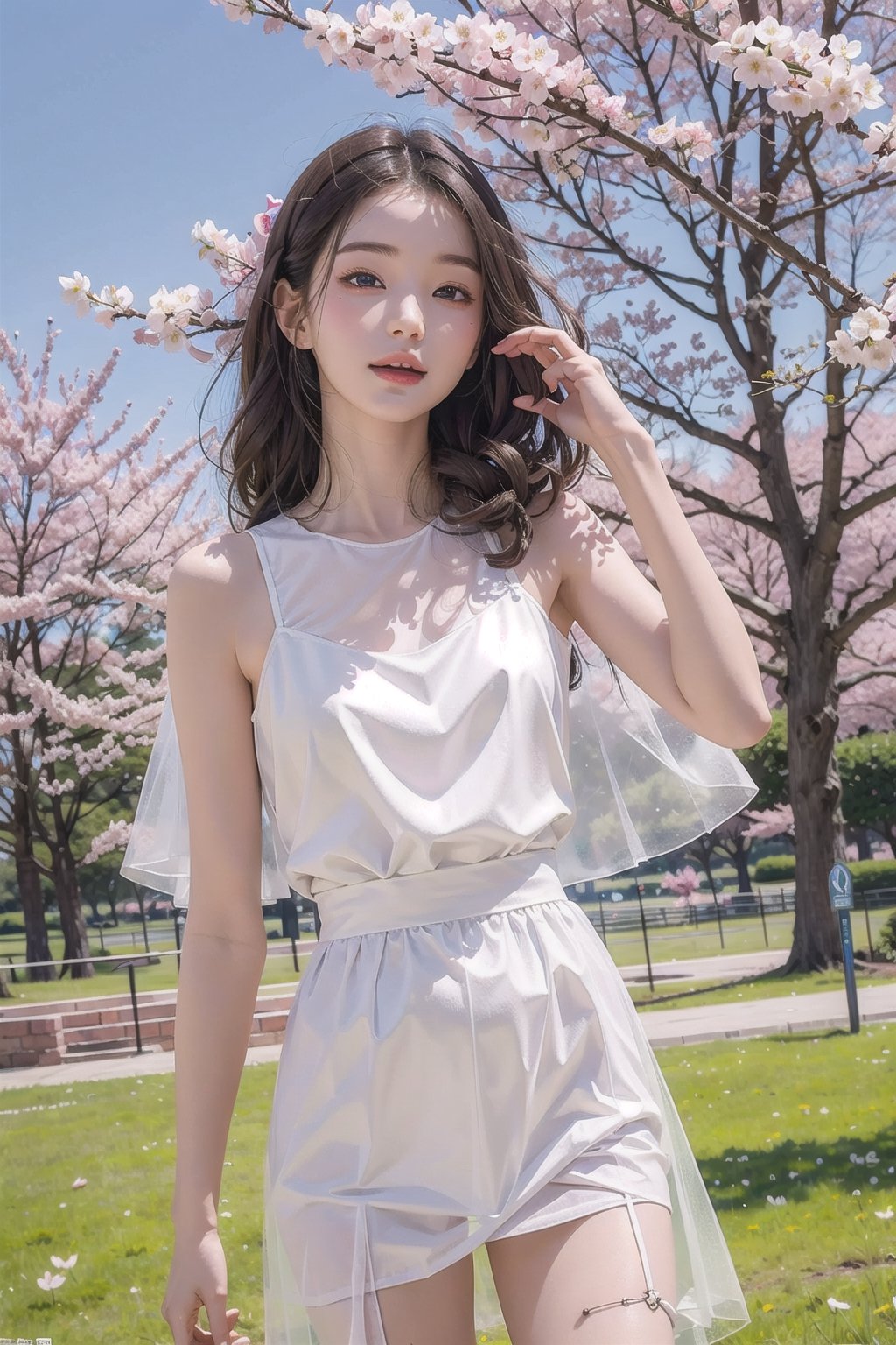 (masterpiece), nature, blue sky, sunlight, light particles, cherry blossoms, 1girl, white dress, medium hair, black hair,jwy1,((see-through))