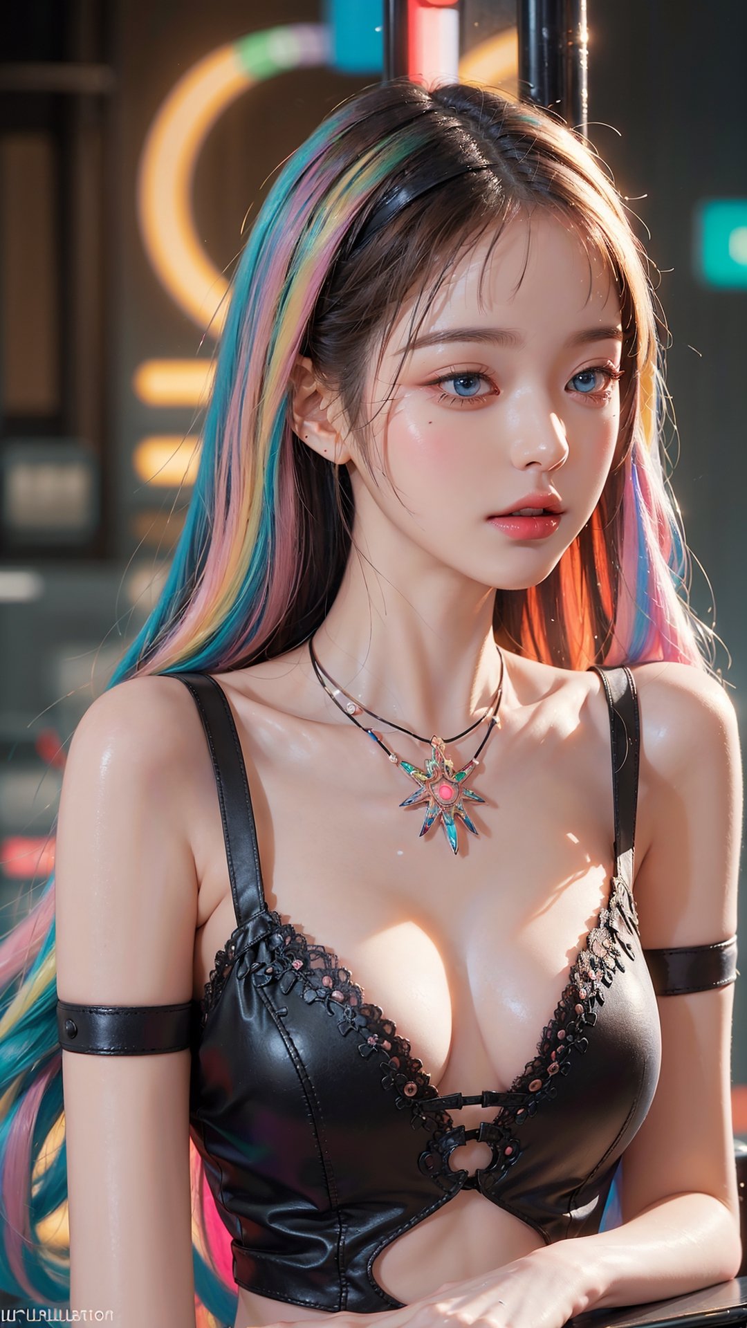 (((((((llustration ))))))),((((((masterpiece)))))),cinematiclighting,bloom,ray tracing,1girl,Rainbow hair,(((colorful))),float hair,  1girl,(white gradation hair),light pinklong hair,detailed cyberpunk city background,night,neon light,female focus on,mechanical arm,large breast, ((Masterpiece,best quality, beautifully painted,highly detailed)),blue eyes,intense angle,dramatic angle,dramatic  pose,  (hologram), ((circuitry)), ((translucent)), chromatic aberration,1 girl,jwy1,full-body_portrait