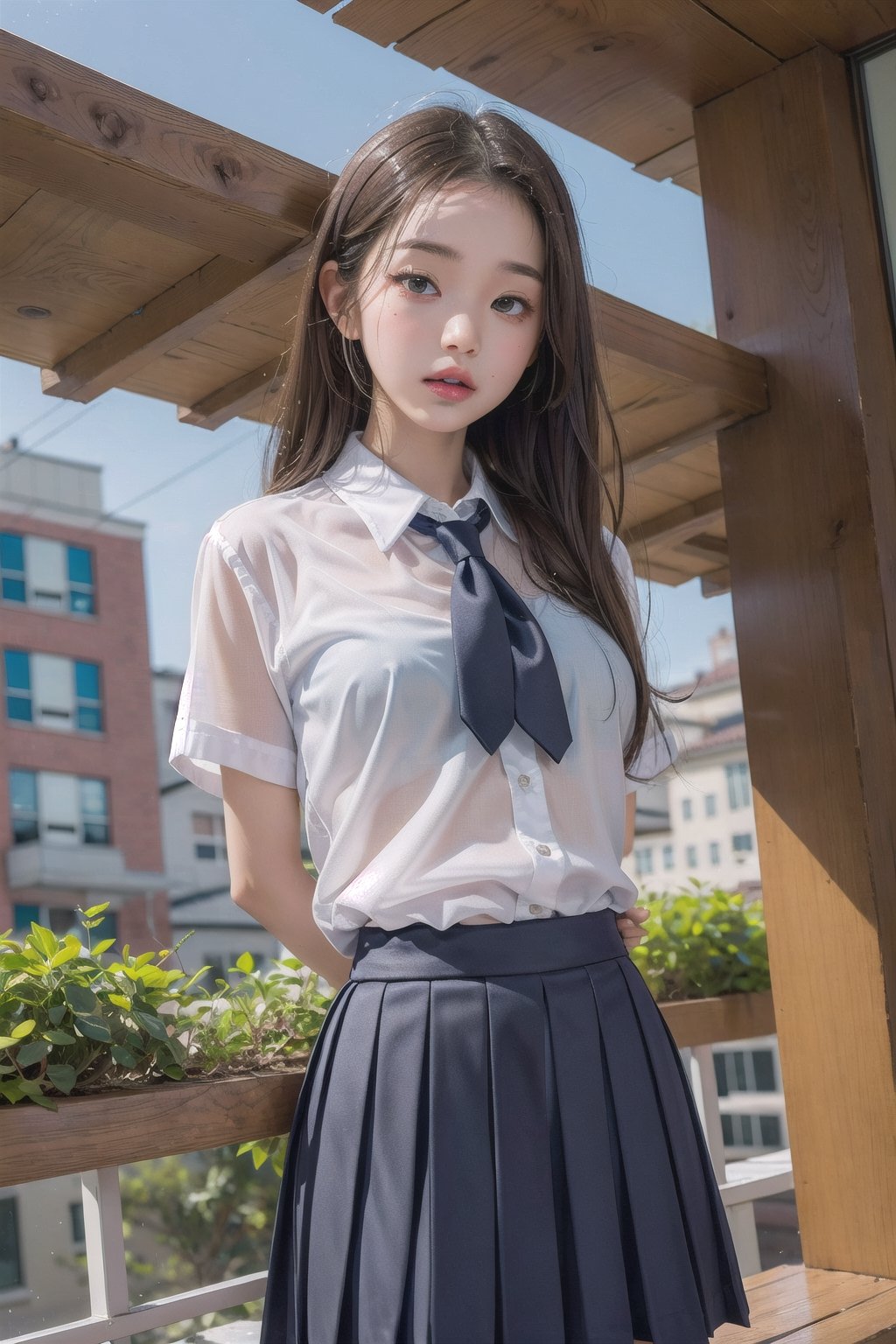 1girl, school uniform, pouting,jwy1,((see-through)),(hands behind back),wet