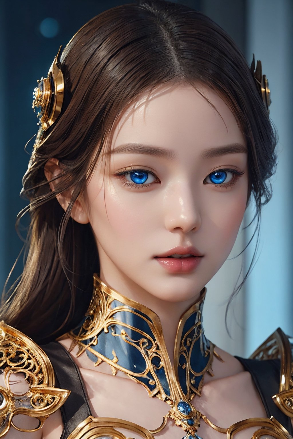 surreal photography of a stunningly beautiful cyborg female, blue eyes, embraced, delicate gold filigree, intricate detailed, glowing, in the style of beth cavener, jin kagetsu, and wlop, highly detailed, intricate filigree, chrome face symmetry, masterpiece, award - winning, sharp focus, concept art, high key, ambient lighting, 8 k, octane render,jwy1