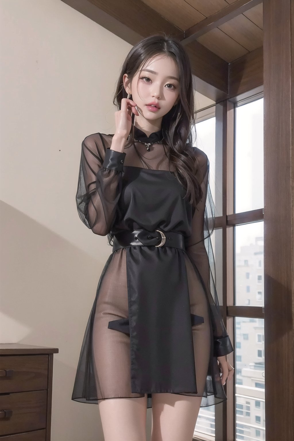 1girl,black dress, pouting,jwy1,((see-through)),sleepy eyes