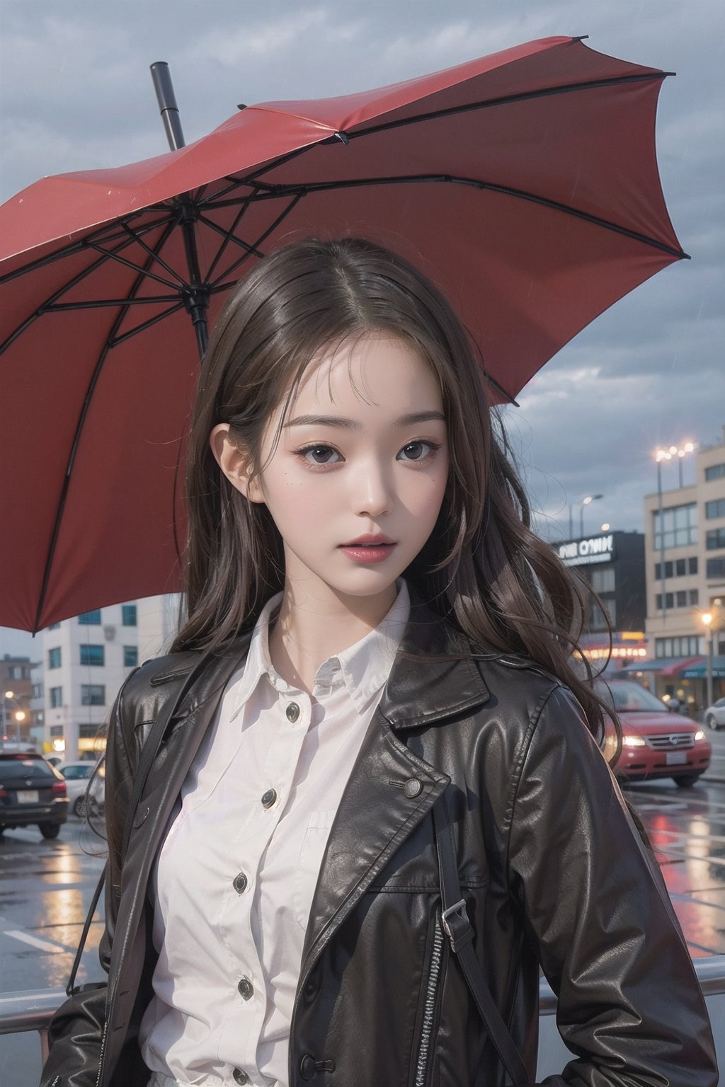 (masterpiece), (cinematic, city lights:1.2), city, overcast, rain, 1girl, black hair, medium hair, wavy hair, umbrella,jwy1