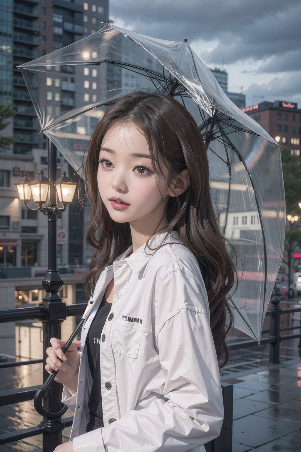 (masterpiece), (cinematic, city lights:1.2), city, overcast, rain, 1girl, black hair, medium hair, wavy hair, umbrella,jwy1