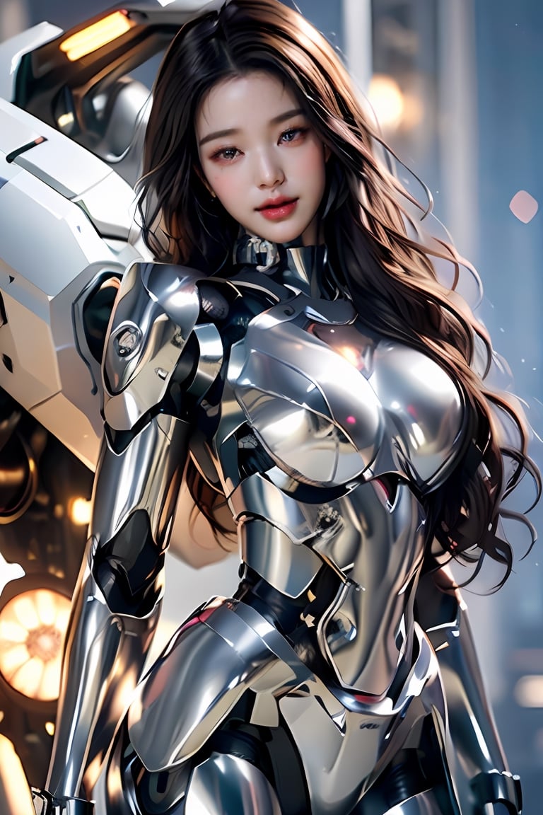 (Ultra-shiny Reflective silver hevy metal cyborg body covering the body:1.5), bob cut,powerful light on the chest,Young Sensual Gravure Idol, teats, (huge tit:1.6), cyberpunked,  Golden ratio ratio, face perfect, a Pretty face, The face of a young actress in Japan, (black hair:1.6), Tied waist, Colossal tits, perfect foot, perfect hand, Clean facial skin, perfect fingers, bob cut, Smiled face, A futuristic, depth of fields, reflective light, retinas, awardwinning, hight resolution, Lights are shining all over the body, High detailed, parted lips, mecha, asian girl, 1girl, solo, beauty face, perfect face, mecha, full cyborg body,  reflection light, 8K, Anatomically correct, Textured skin, high details, High quality, 8k, UHD, masterpiece, ccurate, super detail, high details, high quality,Cyborg suit,highres,mecha,1girl,solo,breasts,cyberpunk,blurry_light_background,jwy1