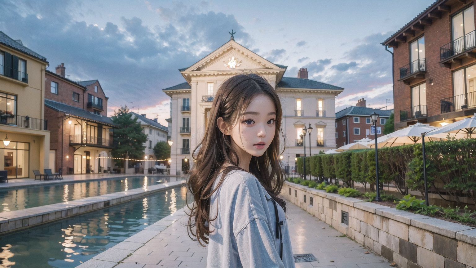 (masterpiece), scenery, architecture, building, 1girl, black hair, medium hair, wavy hair,jwy1