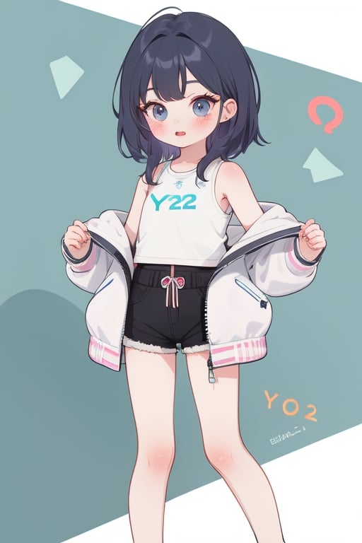 cute, a y2k girl wearing y2k jacket, sleeveless, shorts, ,best quality