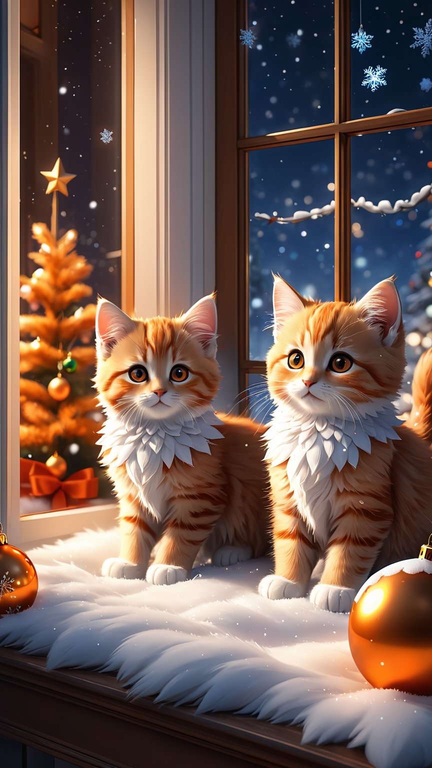 (artwork), (masterpiece), (detailed eyes), (shading), (extremely detailed CG 8k unity wallpaper), (wit studio indirect lighting), (amazing drawn illustration), (best illustrative performance),Winter style, many cute kittens (orange, white, black, blond, white and orange), ((full body)), sleeping comfortably in a large living room, feather stick, cat streamer frame, stuffed animal, window, cozy good vibes, nighttime, wonder, christmas, pixiv, snowflakes, happiness and fun, depth of field, illuminated backgrounds, reflections, holograms,photo r3al