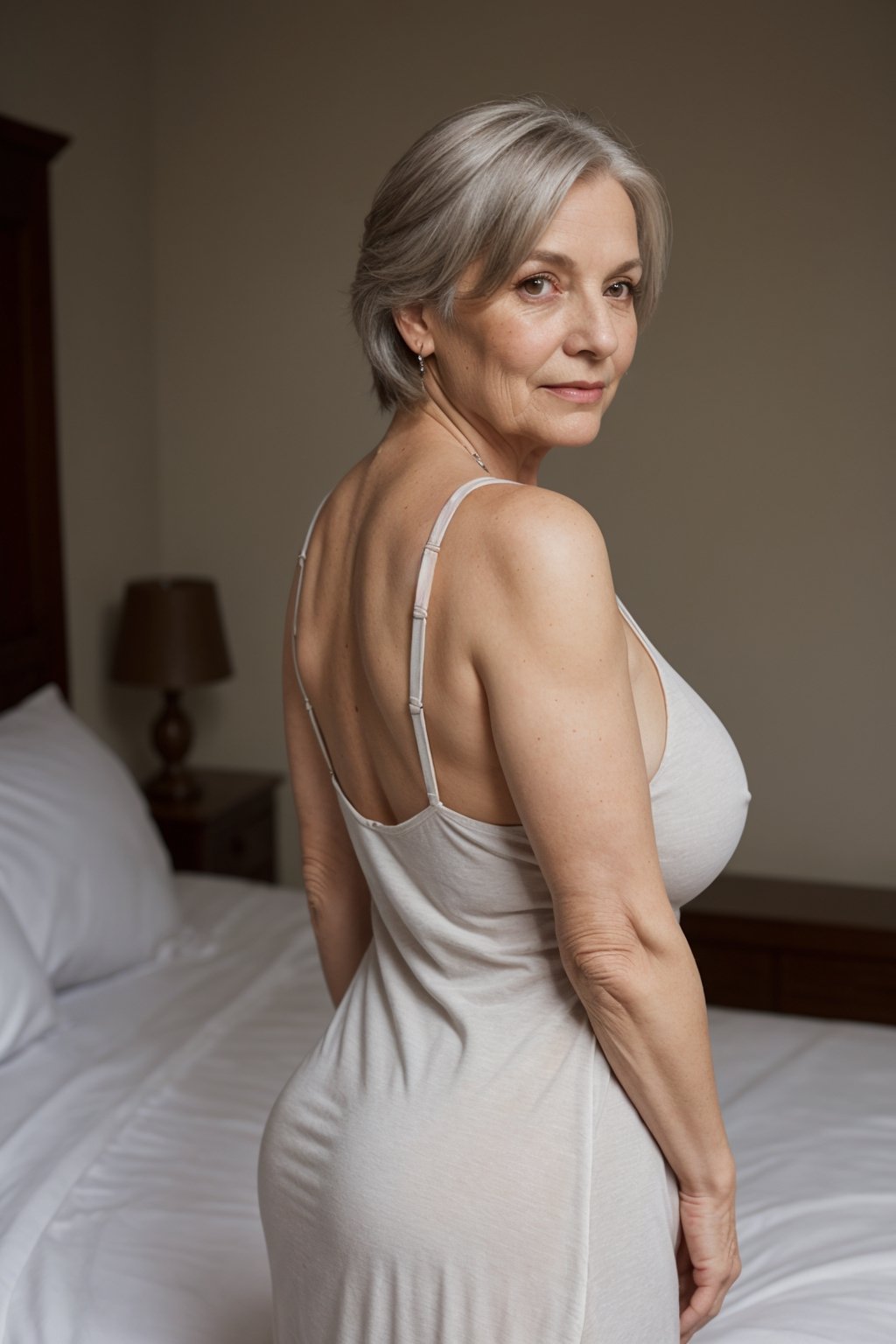 masterpiece, (((older woman in her 40s))), grey hair, wearing nighty, medium saggy breasts, slightly chubby, lateral posture, soft smile, bedroom, standing, seductive_expression, slight cleavage, freckles, full-body_portrait, back_view