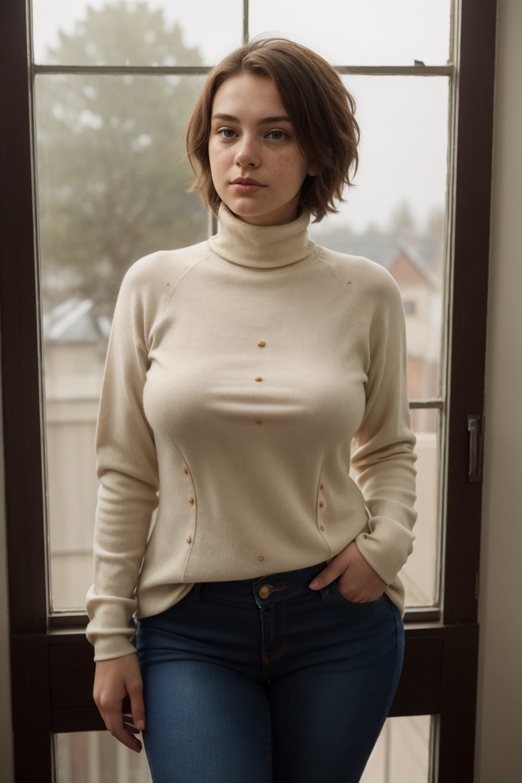 ((masterpiece)), (((18 year old girl))), beautiful round face, ((weaing close-fitting turtleneck shirt and tight jeans with open buttons)), dark brown hairs, short_hair, huge saggy breasts, curvy, slightly chubby, wide_hips, ((standing near window)), ((light coming from window in the room)), very low light in the room, tight_clothing, freckles, full-body_portrait, erect_nipples_under_clothes