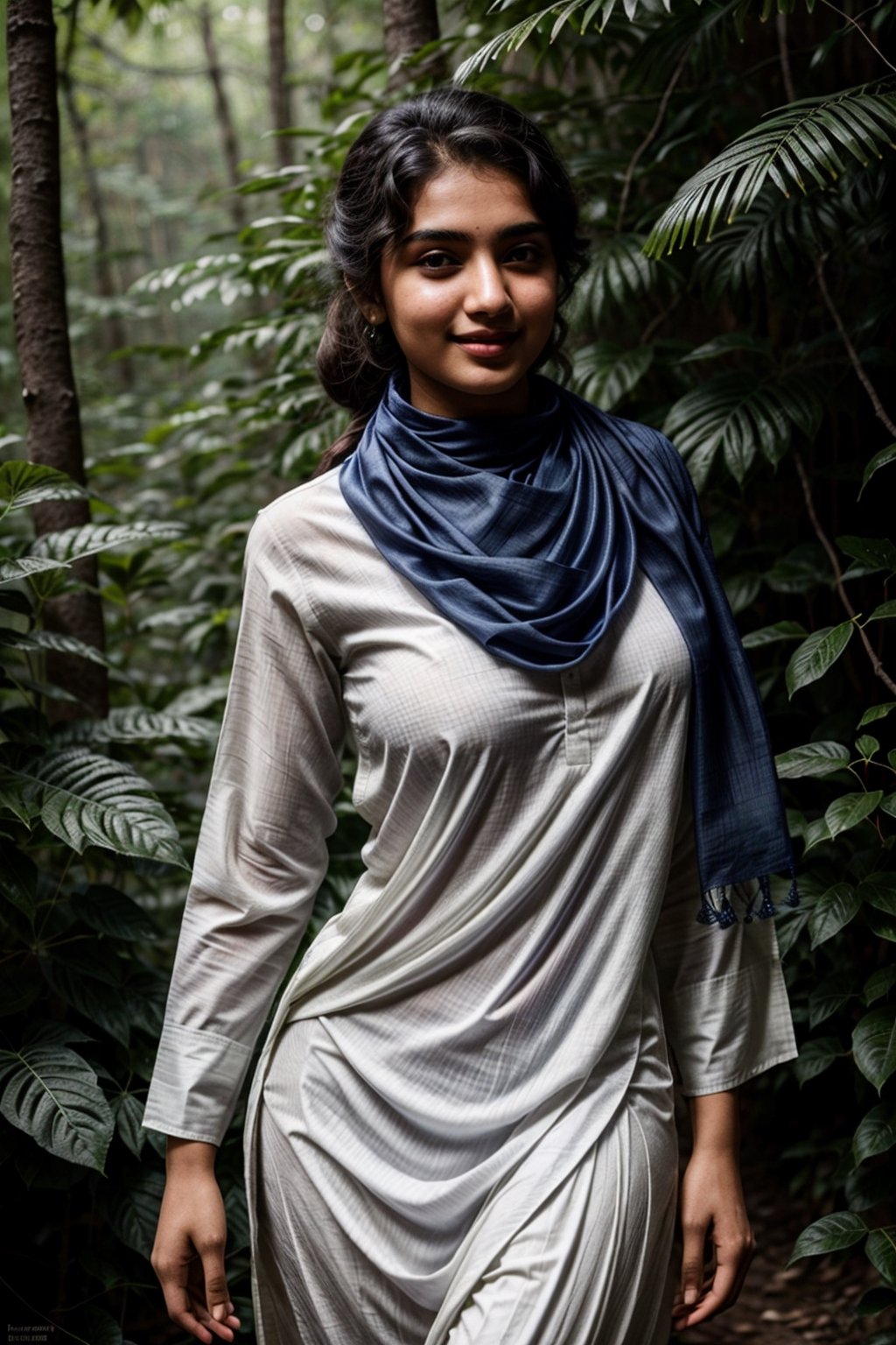 Pakistani (18yo) in a dense jungle, ((wearing white dull shalwar kameez)), ((navy blue scarf in neck)), very_high_resolution, high_definition, seductive smile, realistic, detailed skin, hourglass_figure, covered body, very tight clothes, side_view