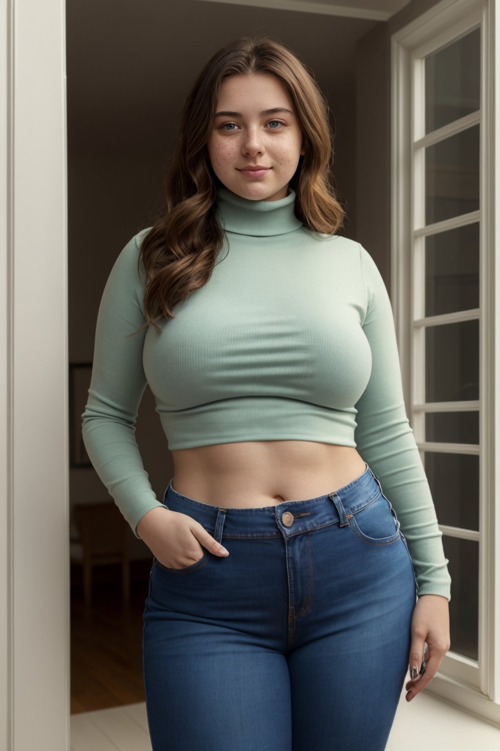 ((masterpiece)), (((16 year old girl))), ((weaing close-fitting turtleneck and tight jeans)), dark brown hairs, short_hair, huge saggy breasts, curvy, slightly chubby, wide_hips, ((standing near window)), ((light coming from window in the room)), very low light in the room, tight_clothing, freckles, full-body_portrait, ((lifting her shirt)), visible navel