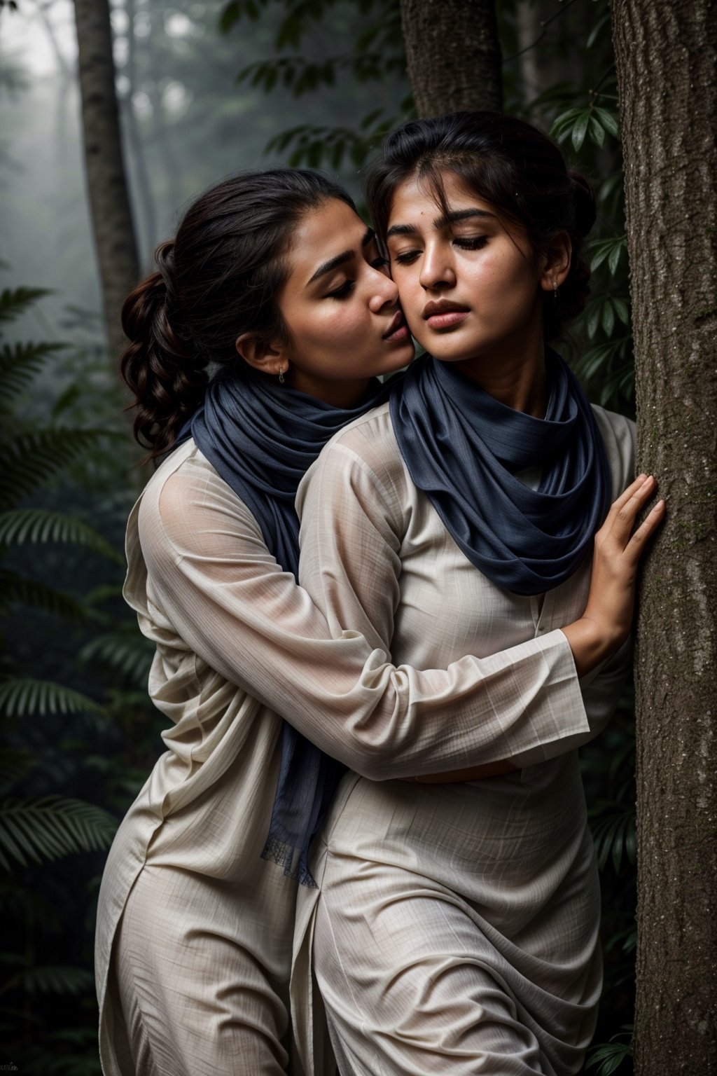 masterpiece, best quality, photorealistic, raw photo, Realism,

((lesbian making love)), ((hugging and kissing neck from behind)), Pakistani (16yo) in a dense jungle, ((wearing white dull shalwar kameez)), ((navy blue scarf in neck)), ponytail_hair, shy and confused expressions, detailed skin, hourglass_figure, covered body, slightly_chubby , very tight clothes