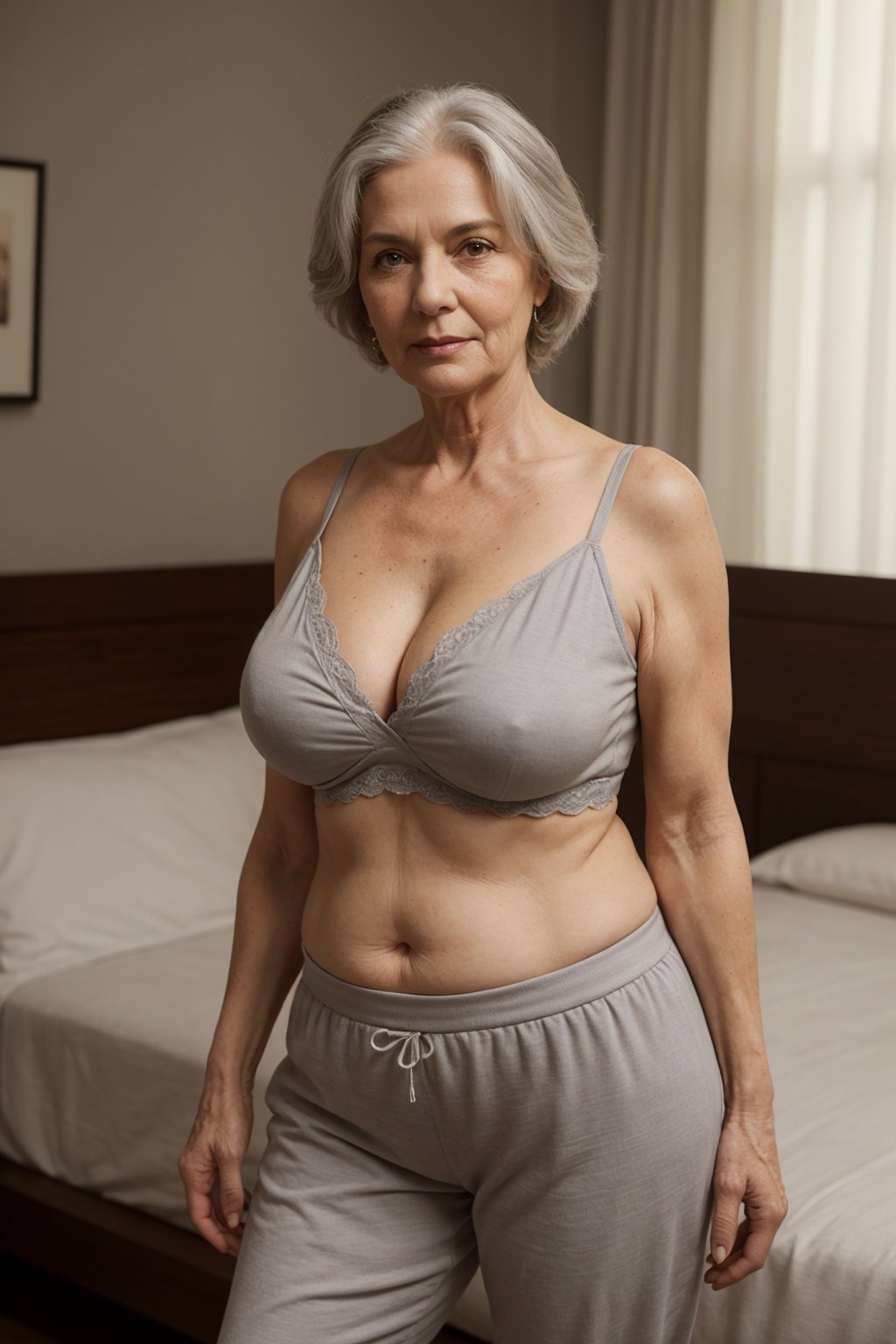 masterpiece, (((older woman in her 40s))), grey hair, wearing nighty, medium saggy breasts, slightly chubby, lateral posture, soft smile, bedroom, standing, seductive_expression, slight cleavage, freckles, full-body_portrait