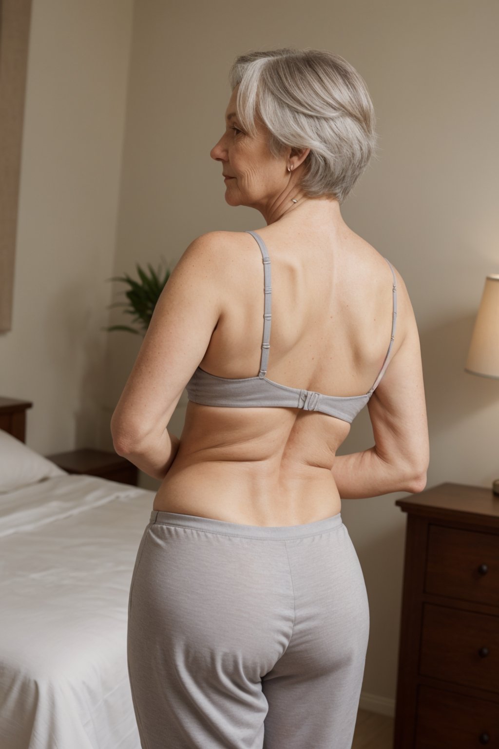 masterpiece, (((older woman in her 50s))), grey hair, wearing nighty, medium saggy breasts, slightly chubby, lateral posture, soft smile, bedroom, standing, seductive_expression, slight cleavage, freckles, full-body_portrait, back_view