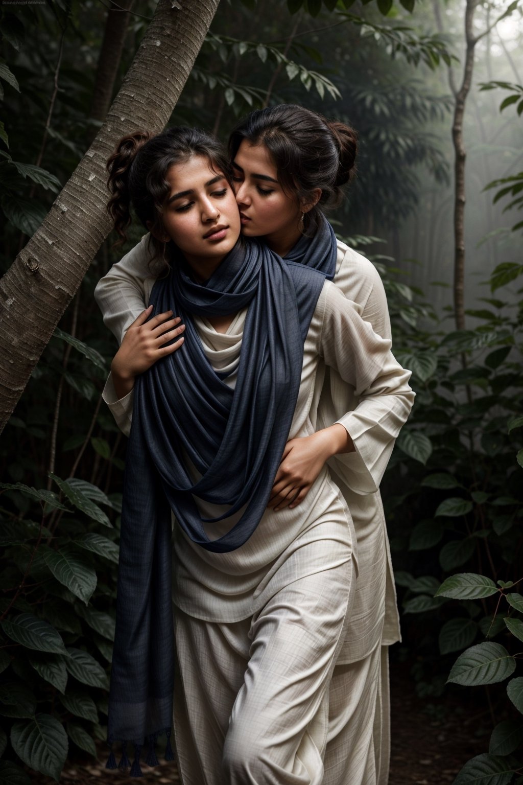 masterpiece, best quality, photorealistic, raw photo, Realism,

((lesbian making love)), ((hugging and kissing neck from behind)), Pakistani (16yo) in a dense jungle, ((wearing white dull shalwar kameez)), ((navy blue scarf in neck)), ponytail_hair, shy and confused expressions, detailed skin, hourglass_figure, covered body, slightly_chubby , very tight clothes