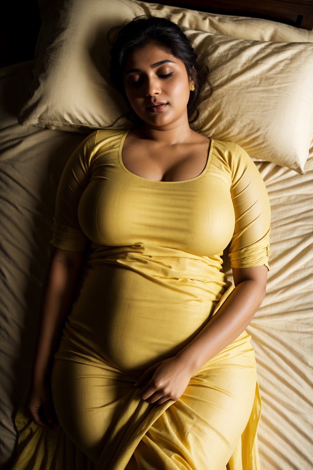 Pakistani woman sleeping on bed, wearing traditional yellow shalwar kameez, looking_at_camera, very_high_resolution, high_definition, seductive_pose, realistic, dark_skin, hourglass_figure, sweaty, covered body, low neck, chubby, curvy, tight_clothes