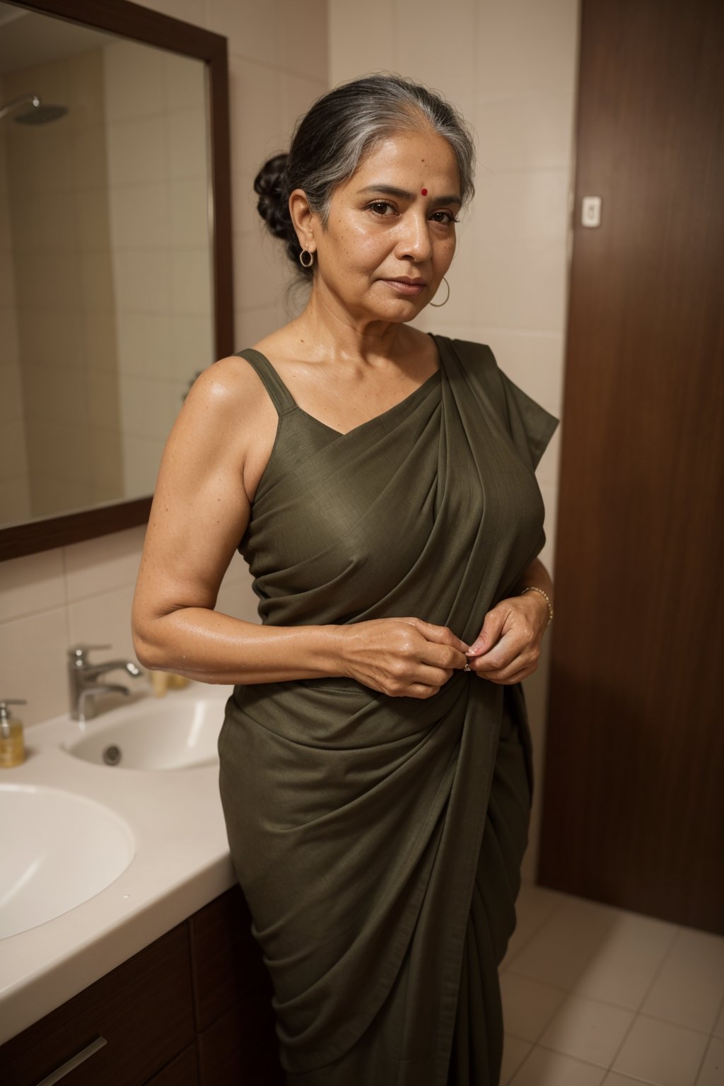 masterpiece, (((older latin woman in her 40s))), washing clothes in bathroom, wet_clothes, sweaty body, sweaty clothes, dripping, oily skin, brown_skin, lazy bun hairs, wearing saree, small saggy breasts, slightly_chubby, bedroom, seductive_expression, freckles, full-body_portrait, big_hips, small saggy boobs