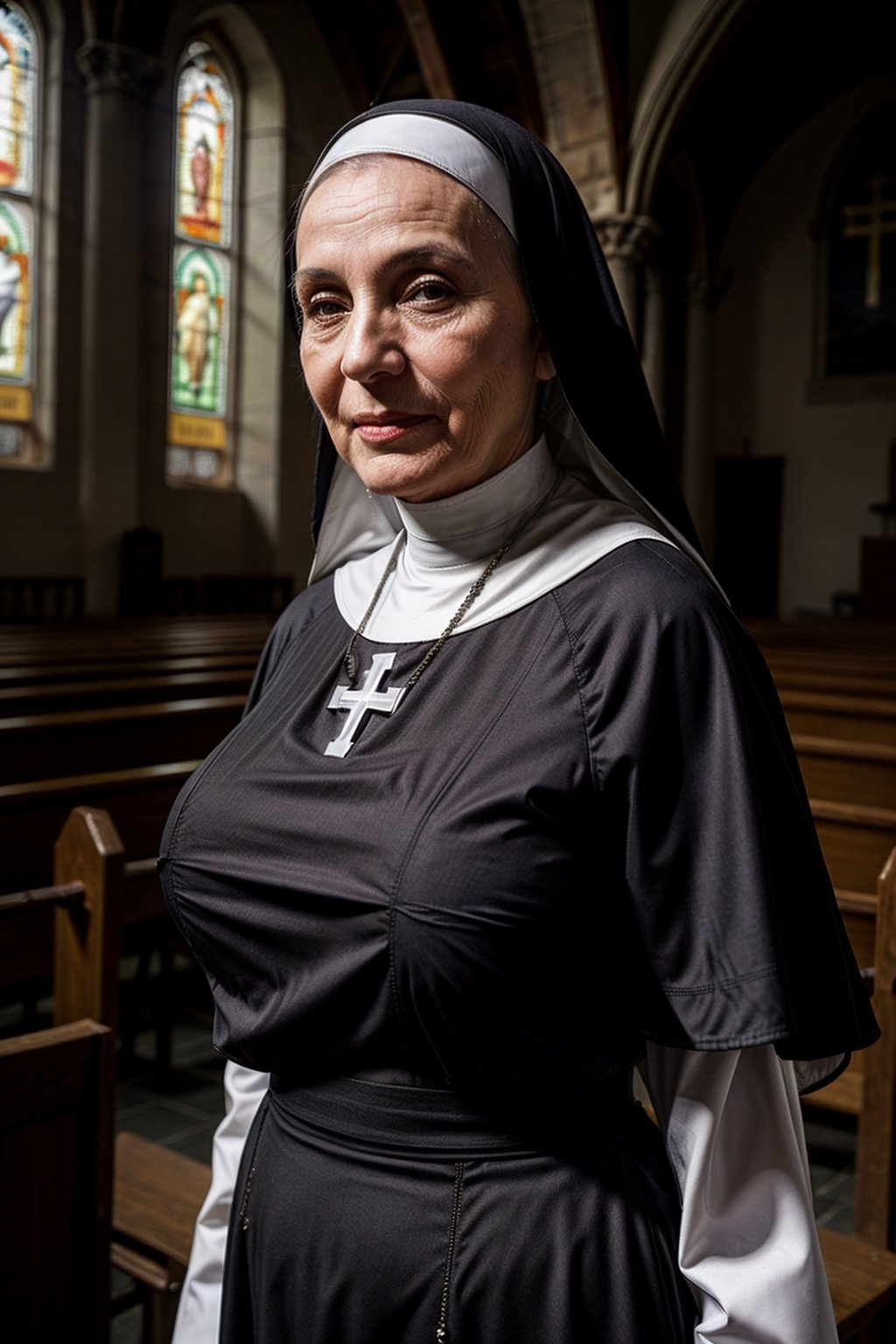 ((masterpiece)), best quality, photorealistic, raw photo, Realism, ((voluminous breast)), covered body, tight clothes, nighttime, very dark lighting, aging wrinkled face, perfect figure, seductive_pose

((40yo Latin nun)) alone in a small church room