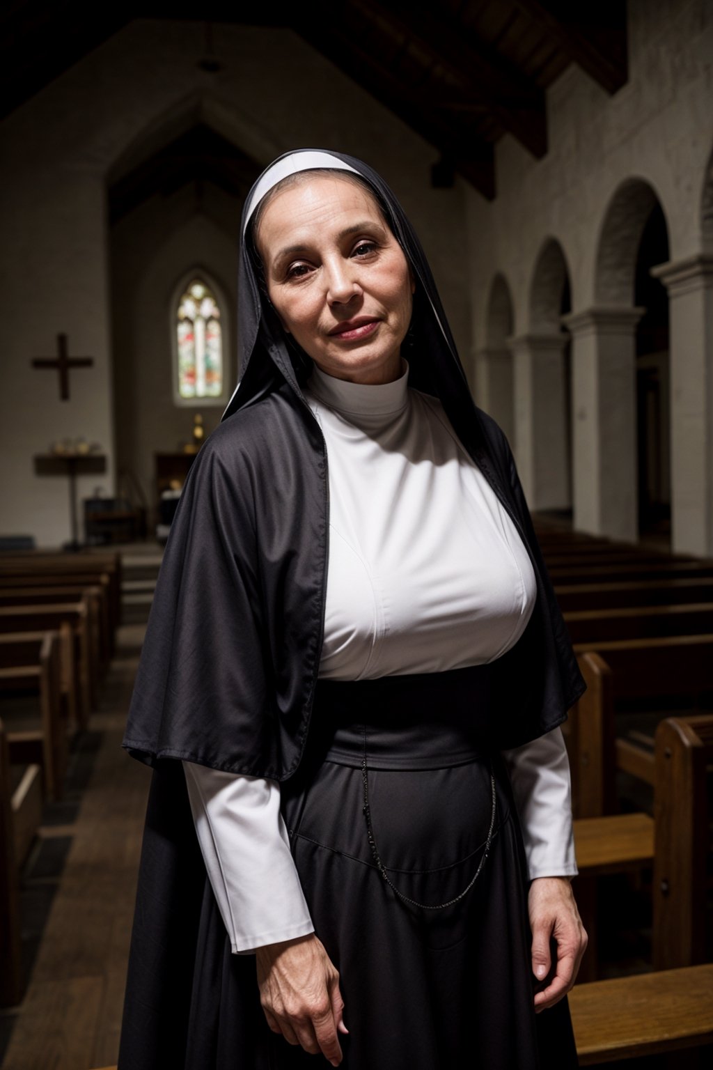 ((masterpiece)), best quality, photorealistic, raw photo, Realism, ((voluminous breast)), covered body, tight clothes, nighttime, very dark lighting, aging wrinkled face, perfect figure, seductive_pose

((40yo Latin nun)) alone in a small church room