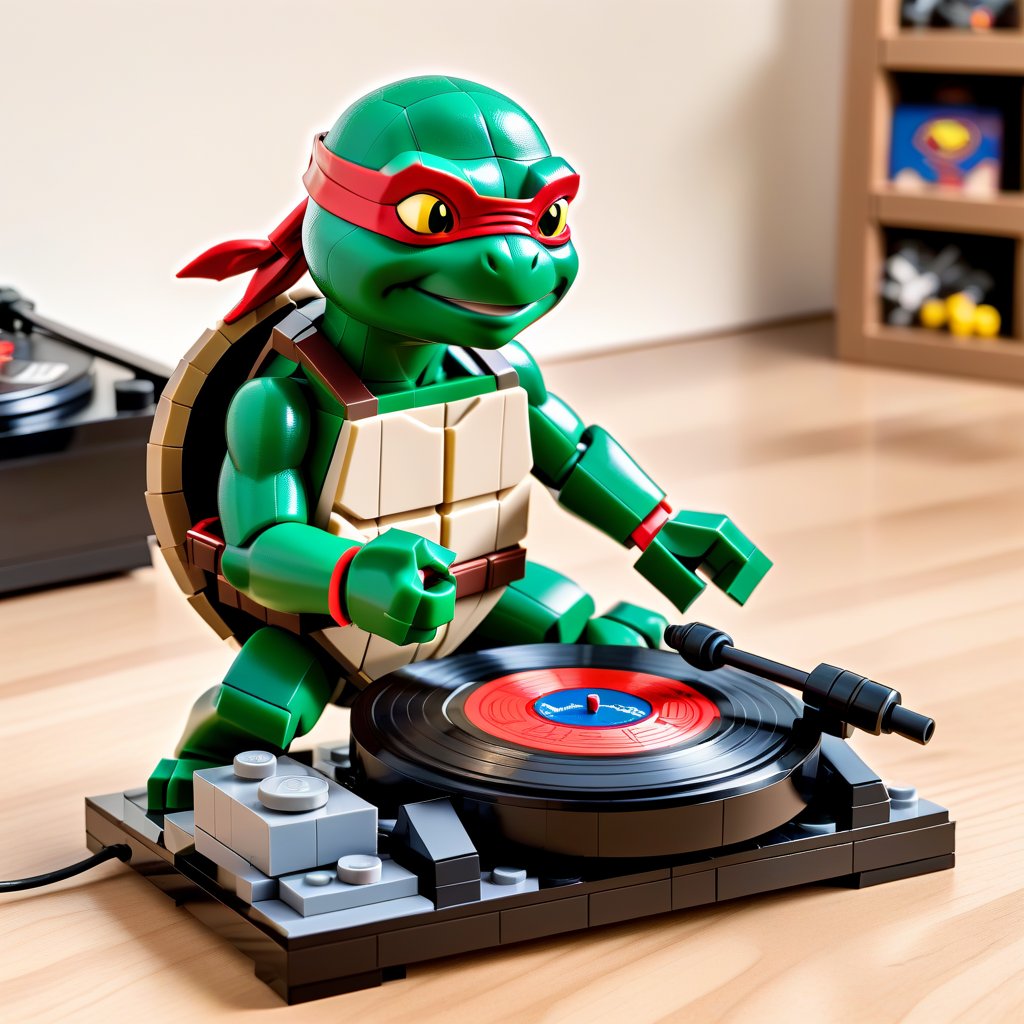 Ninja turtle listening to music on a Vinil turntable made of lego with a vinil disc with a ninja turtle on the label