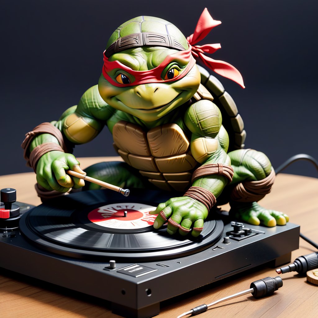 Ninja turtle repairing a vinil turntable 