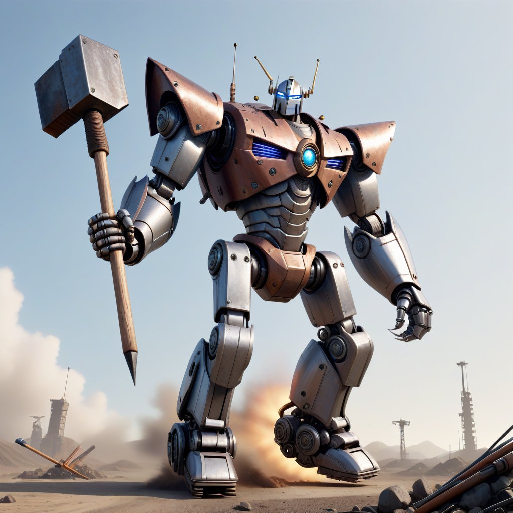 Flying Gigantic robot with a spike as the right hand and a hammer as the left hand