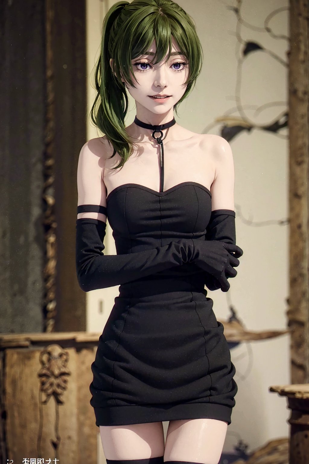 ubel, green hair, medium hair, hair between eyes, side ponytail, (purple eyes, black gloves, black dress, dimly lit, thigh gap:1.1), smile, thigh strap, black armband, forest, arms behind, (masterpiece, best quality:1.4)