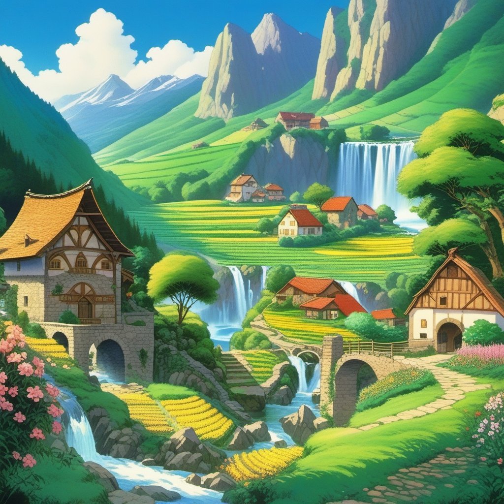 1990s anime still, a valley with mountains with waterfalls, an stone house with a mill, rivers, flower fields, trees, animals, medieval fantasy setting, oil ilustration
