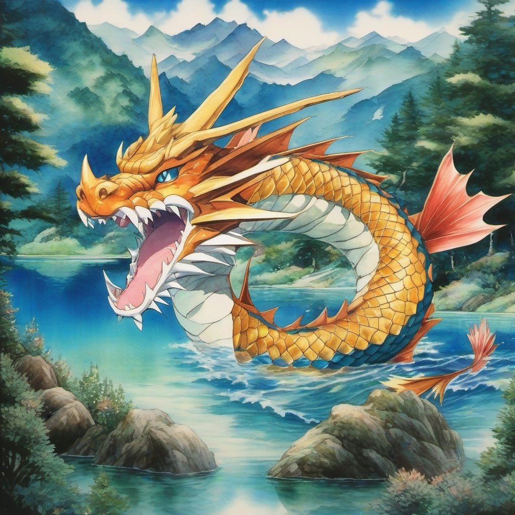 1990s anime still, an giant gyarados in middle of lake, with mountains and beach,and trees arround it,  masterpiece, best quality, intricate details, very beautiful, delicate face,  watercolor with oil