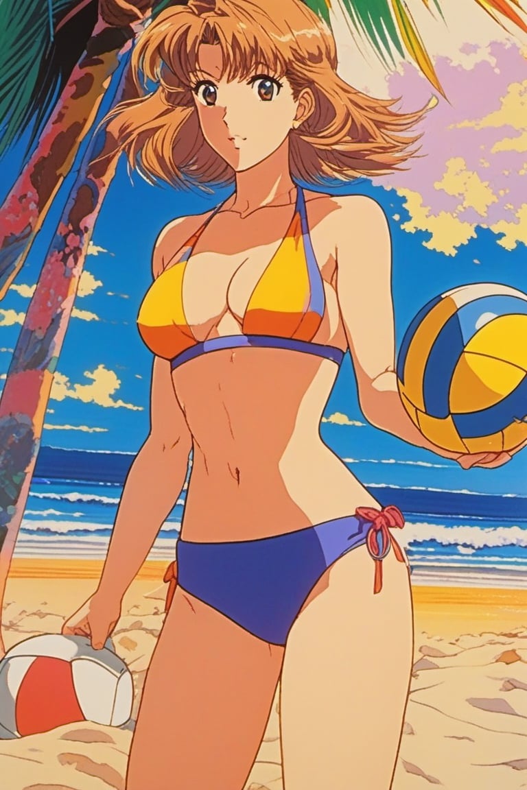 1990s anime still, a female on the beach wearing a bikini holding a volleyball, thick and defined lines, vibrant colors, oil ilustration
