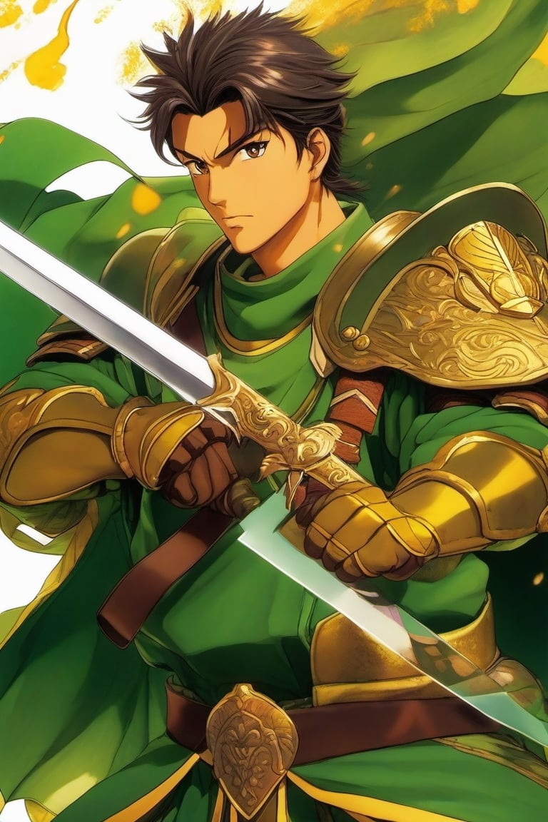 90s anime still, a male warrior with short hair brown, turmeric skin, and armor turmeric, clothes green, with a sword, oil illustration