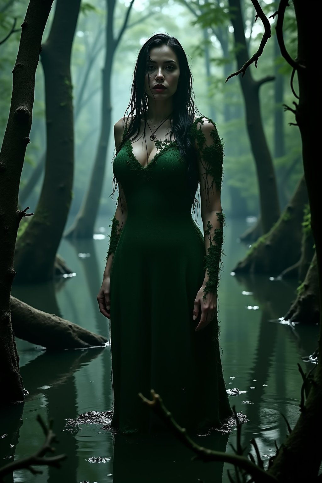  score_9, score_6_up, score_5_up,Very detailed, perfect image. masterpiece. A dark, misty swamp backdrop sets the ominous tone as the mysterious ,magnificent, curvy woman emerges, her dripping-wet form glistening in the dim light. The murky green waters part like a veil, revealing her sinister presence. She's clad in a (((moss-covered dress))) that blends seamlessly with the surroundings, yet her malevolent aura shines through like a beacon. The camera frames her figure from a low angle, emphasizing her power and dominance over the primeval landscape. the scene takes place in a misty swamp.