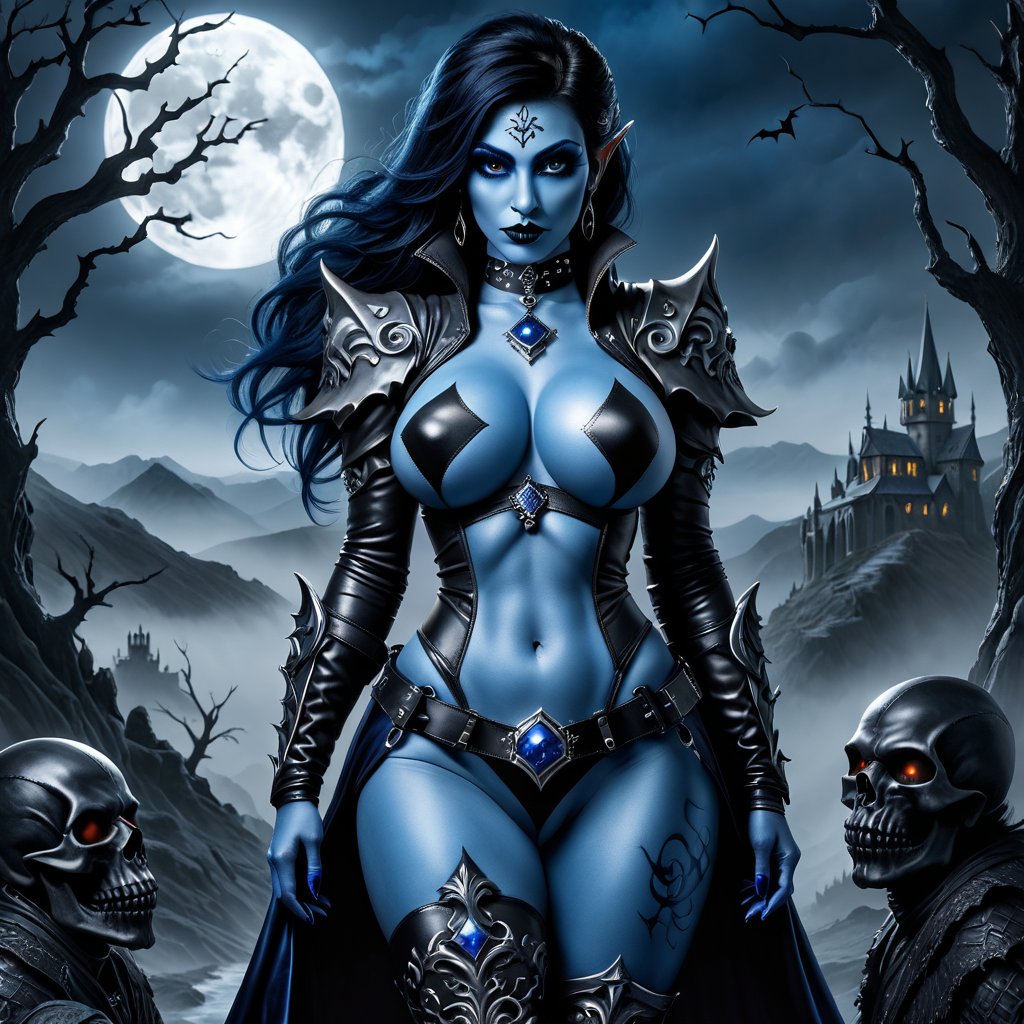  small female (((dark dwarf woman))) from germanic folklore, ((((blue skin body)))) dressed in sensual gothic leather clothing, body tattoos, in a haunted and scary landscape. black hair. blue skin full body.